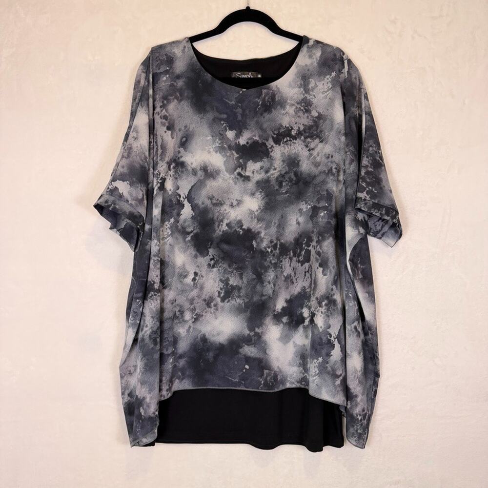 Sympli Black & White Abstract Tie Dye Overlay Layered Tunic Sz 16 Made in Canada